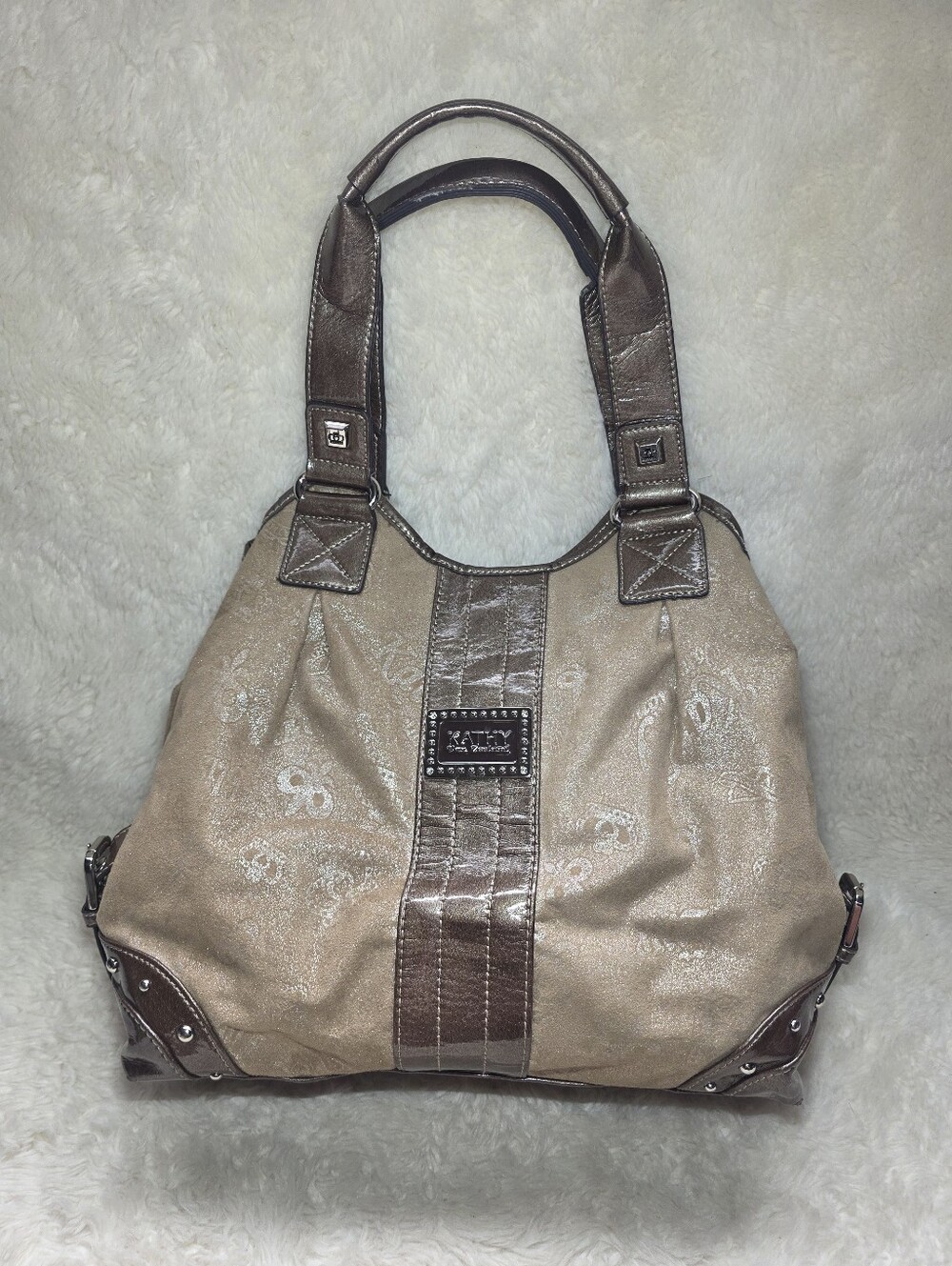 Kathy Van Zeeland Y2K Bronze Metallic Crown Tote Shoulder Bag McBling Purse